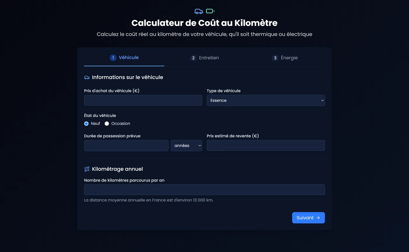 Calculateur de coût au kilomètre VTC Bizz — saisie du véhicule (essence, diesel ou électrique)