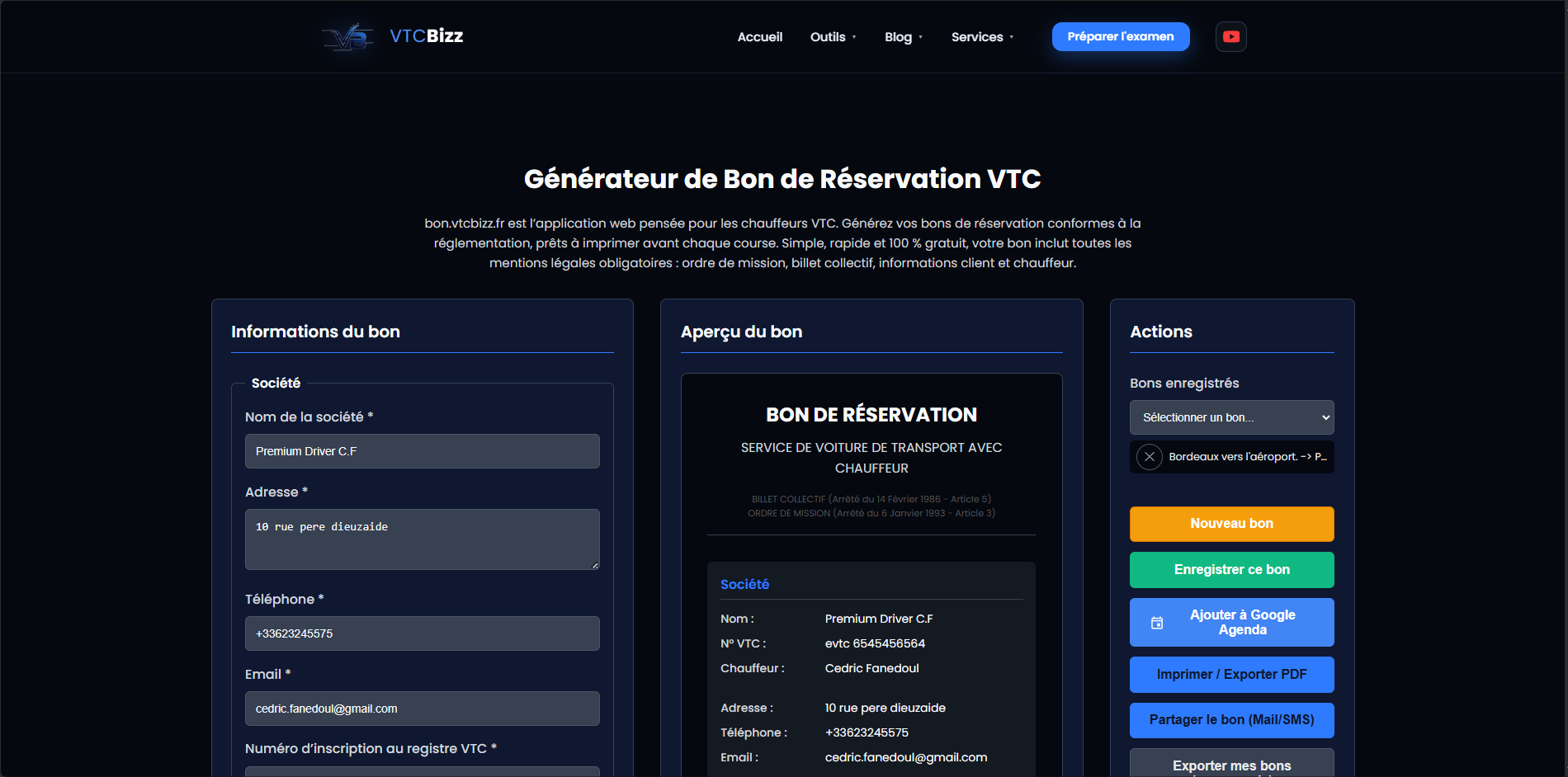 Aperçu du générateur de bon de réservation